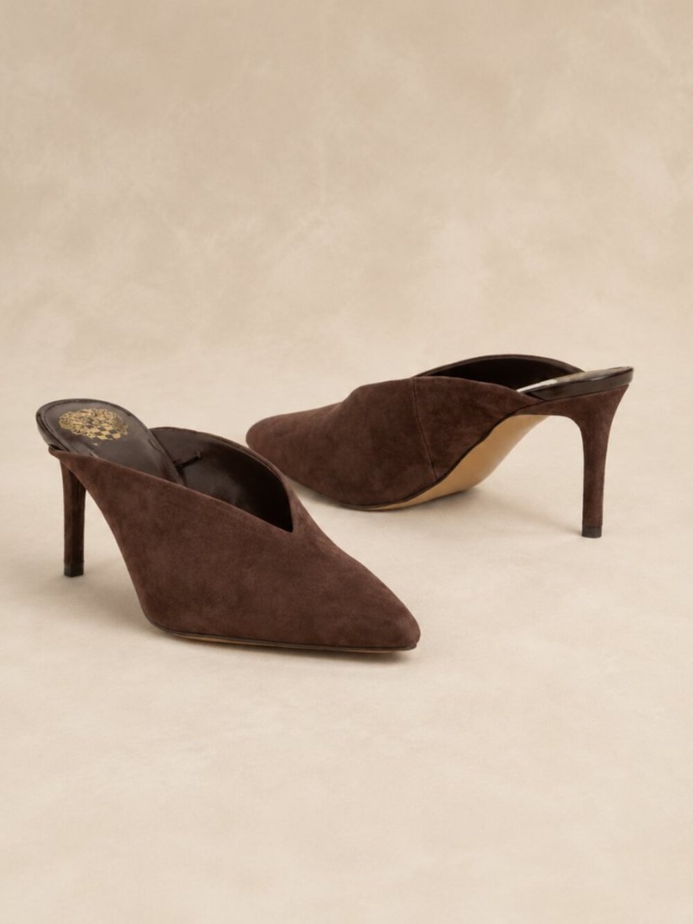 Vince Camuto Brown Suede Pointed Toe Stiletto Slip On Mules Heels Size 8 NIB